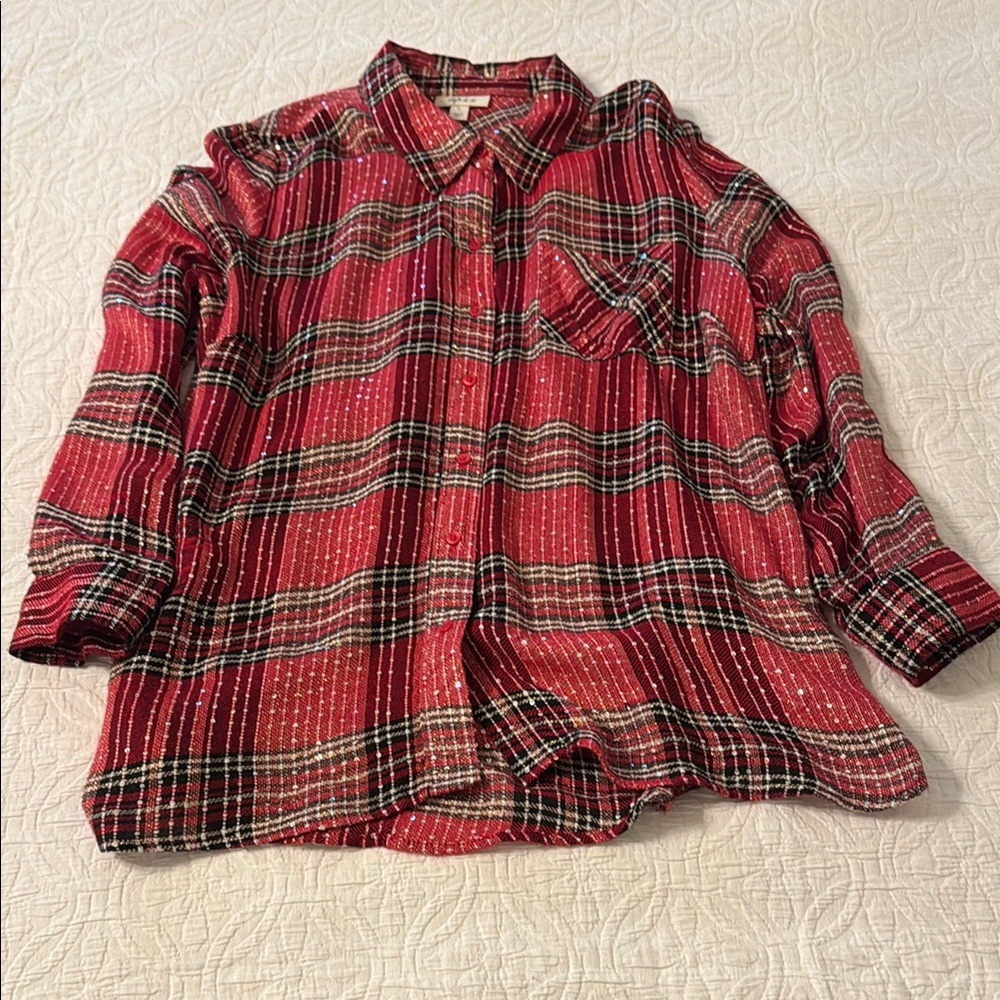 Style & Co. Red and Black Plaid holiday sparkle shirt